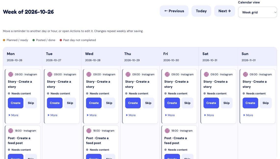 Real SMR weekly reminder calendar showing Instagram Story, feed post and Reel reminders for the week of 26 October 2026.